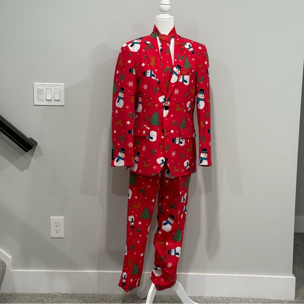 Men's OppoSuits Christmas Suit - Festive Snowman & Tree Print - Size 36